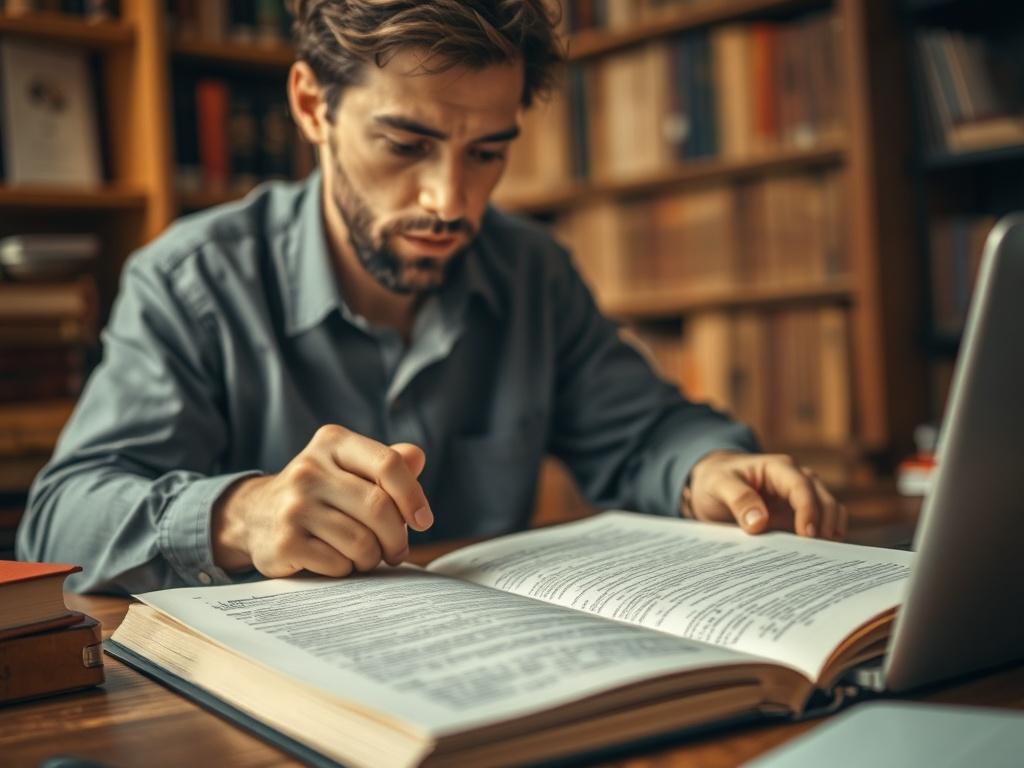 A close-up shot of an author reviewing a printed manuscript, with red editing marks visible. The scene captures the author's focused expression, surrounded by books and a laptop on a wooden desk. The warm lighting creates an inviting atmosphere, reflecting the dedication and passion behind the writing process.