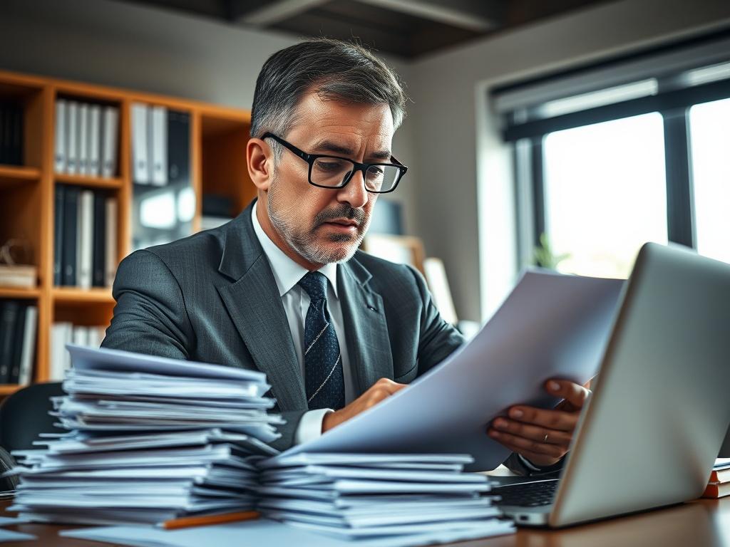 A highly detailed close-up shot of a professional investigator reviewing case files in an office setting. The investigator, a middle-aged man wearing a suit, is surrounded by stacks of documents and a laptop. The background shows a well-organized workspace with a bookshelf and a window letting in natural light, creating a focused atmosphere. The composition highlights the investigator's concentration and professionalism.
