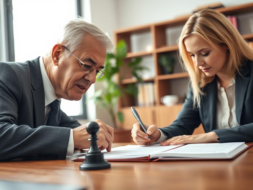 A focused close-up shot of a notary public witnessing the signing of a document in a well-lit office. The notary, an older gentleman in a suit, is attentively observing the signer, a young woman holding a pen. On the table, a notary stamp and a stack of documents are visible. The background shows a bookshelf and a plant, emphasizing a professional environment.