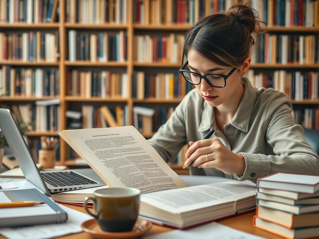 A close-up shot of a book publisher reviewing a manuscript on a desk cluttered with editing notes, a laptop, and coffee. The publisher, a young woman in glasses, is focused on the text, highlighting sections with a pen. The background features bookshelves filled with books, creating an inspiring and creative environment. The image captures the essence of the publishing process and the dedication to quality.
