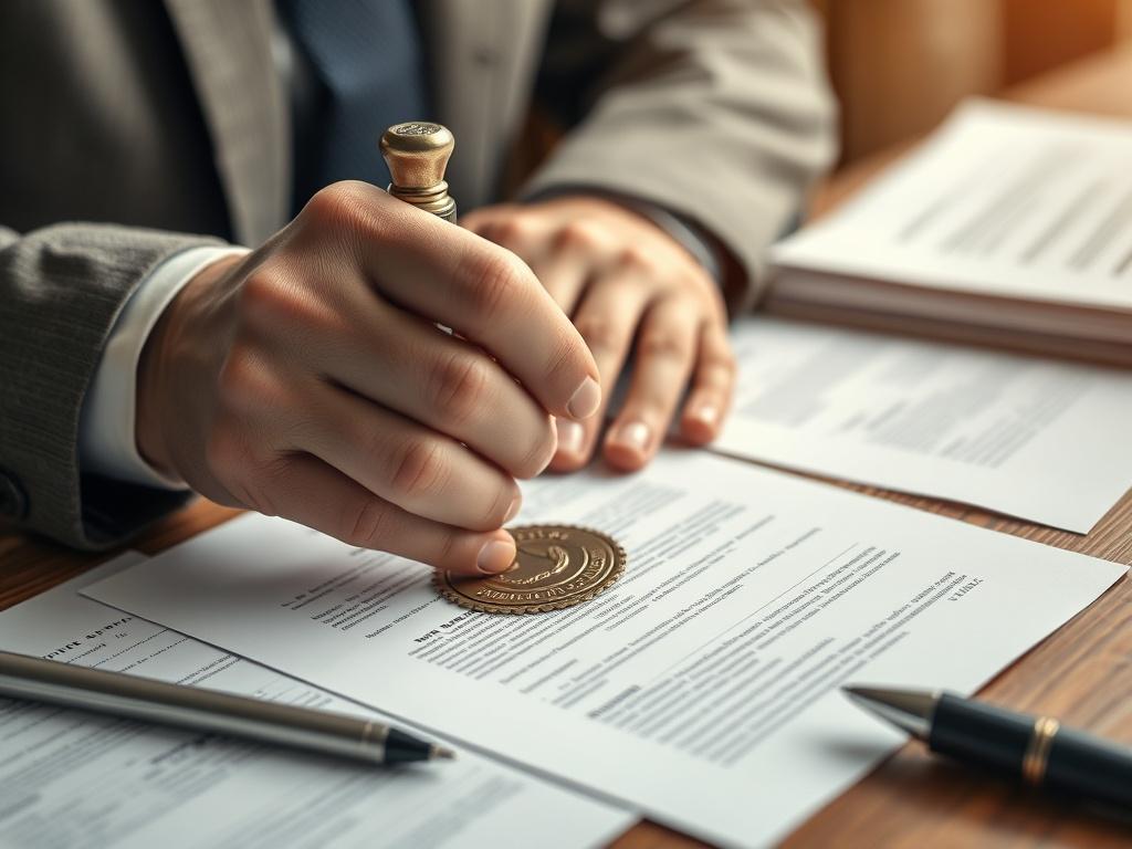 Close-up of a notary public stamping a document with a seal, surrounded by organized paperwork and a pen. The image conveys professionalism and trustworthiness, highlighting the importance of accurate document handling. The focus is sharp, creating an inviting atmosphere.