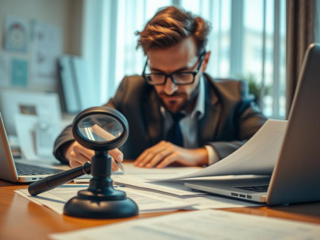 Close-up of a professional investigator analyzing documents and evidence on a desk. The investigator is focused and engaged, with high-resolution details showing papers, a magnifying glass, and a laptop in the background. The color palette is warm and inviting, emphasizing an atmosphere of diligence and professionalism.
