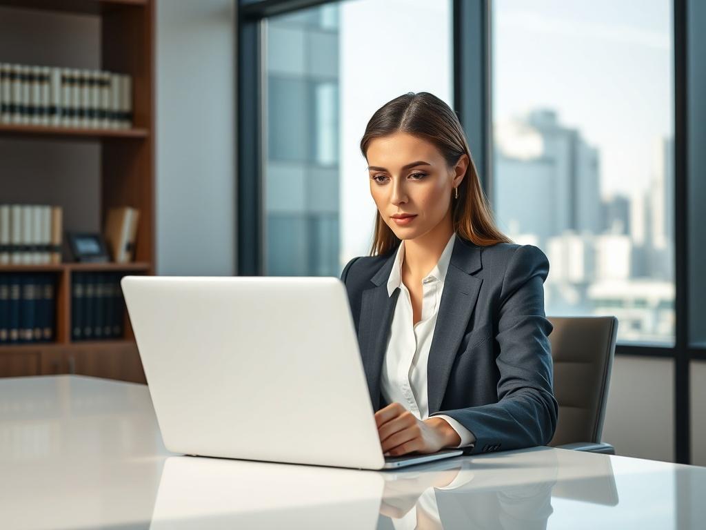 Create a realistic high-resolution photo of a focused female legal professional, dressed in smart business attire, sitting at a sleek conference room table with a laptop open in front of her. She is reviewing important documents, with a thoughtful expression that reflects her dedication to her work in litigation support. 

The background should feature subtle elements of a modern law office, such as shelves with law books, a window showing a cityscape, and soft, natural lighting streaming in, creating an at