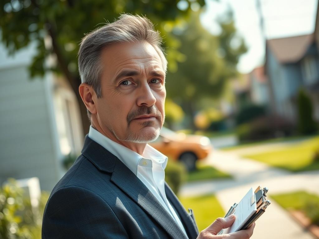 Create a realistic, high-resolution close-up photograph that captures the essence of adjuster services in insurance claims. The main subject should be a professional insurance adjuster, depicted as a middle-aged individual with an attentive expression, wearing a smart, professional outfit (a blazer and shirt). The adjuster should be holding a clipboard and pen, symbolizing the meticulous nature of their work.

The background should be softly blurred to keep the focus on the adjuster, yet convey a relevant c