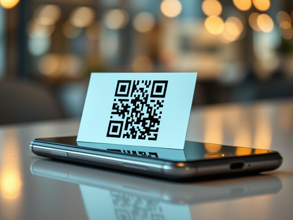 A visually striking image of a QR code linked to a digital business card, positioned on a mobile device. The background should highlight the connection between digital technology and professional networking, emphasizing the accessibility and ease of use in a modern context.