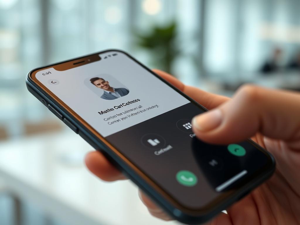 A close-up shot of a digital business card displayed on a smartphone, emphasizing mobile-friendly contact action buttons for call, email, and saving to contacts. The background should be a clean, professional setting with a subtle hint of technology, capturing the essence of modern networking.