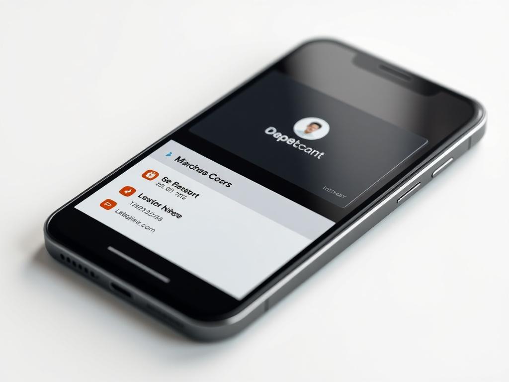 A high-resolution image of a sleek digital business card on a mobile device, showcasing a modern and professional design. The card should display the user's name, title, and logo clearly, against a minimalist background that conveys professionalism and sophistication.