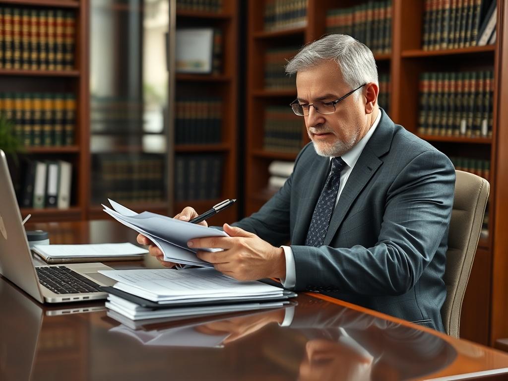 Create a realistic high-resolution photo that depicts a single subject in a professional setting related to litigation support in legal cases. The image should feature an experienced litigation support specialist, a middle-aged Caucasian man wearing smart-business attire, sitting at a polished wooden desk cluttered with essential legal documents, a laptop, and a notepad. The specialist should be intently reviewing a stack of case files while holding a pen, conveying concentration and diligence. 

In the bac