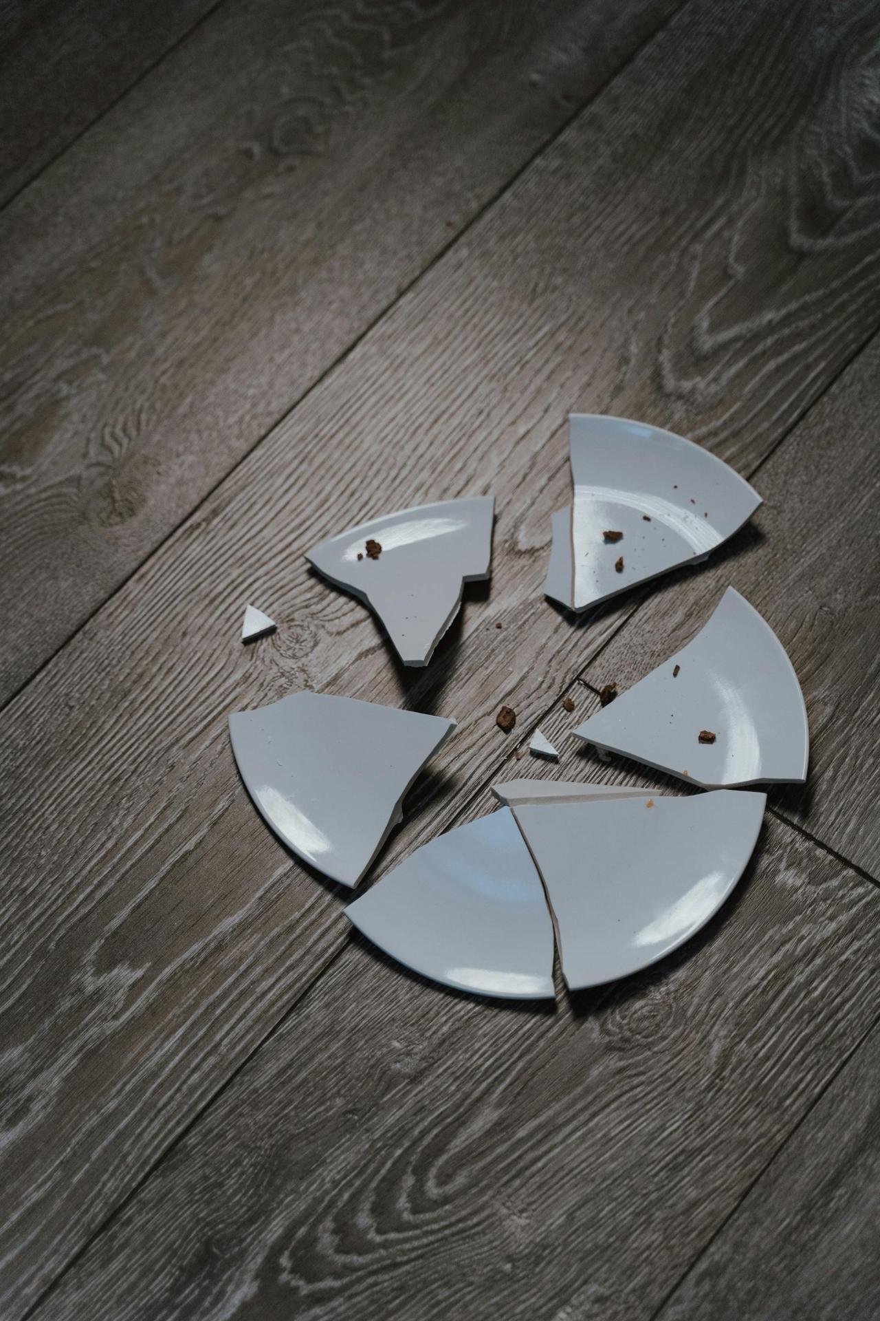A close-up view of a broken ceramic plate with scattered shards on a wooden floor.