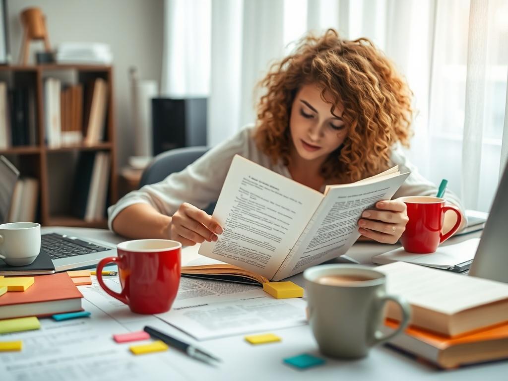 A realistic high resolution image of a book editor reviewing