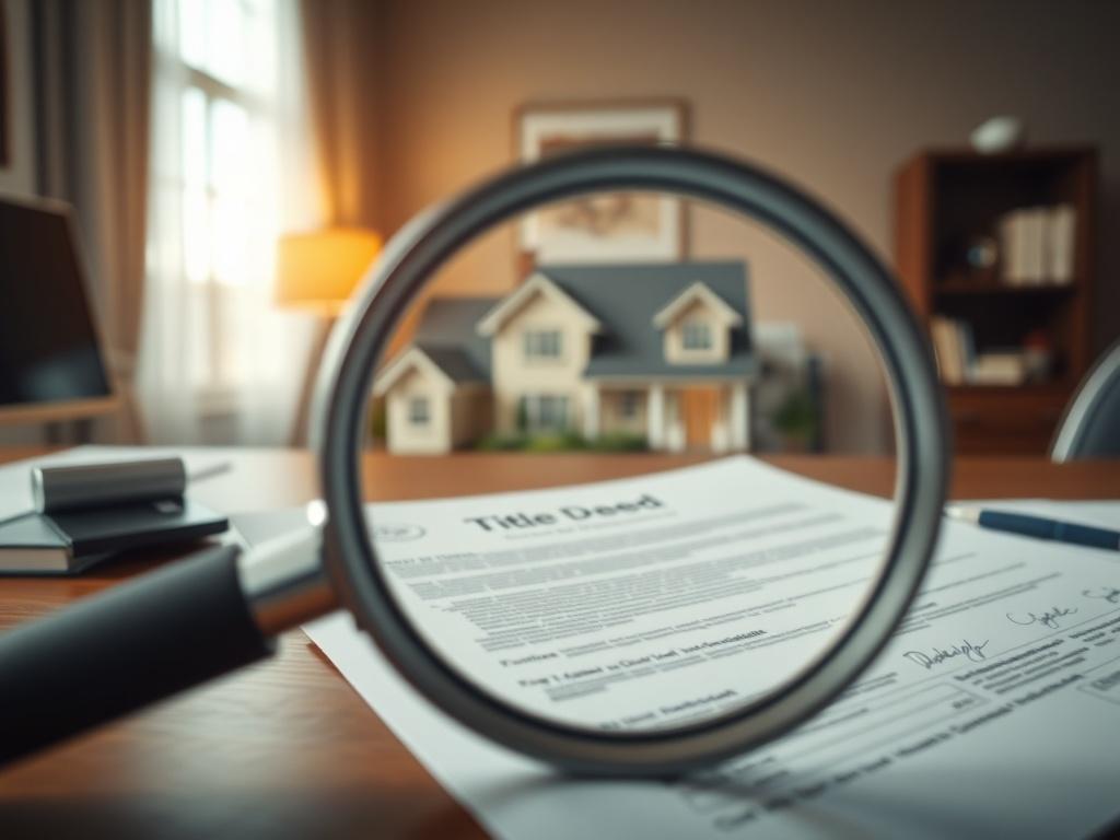 A hyper-realistic close-up shot of a magnifying glass focusing on a document with a house and title deed in the background. The document should have visible signatures and stamps to indicate authenticity. The setting is a professional office desk with a soft-focus background. The lighting is warm, creating a serious yet inviting atmosphere, and the primary color scheme incorporates rgb(50, 170, 39) subtly in the decor.