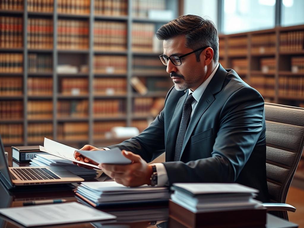 Create a highly realistic high-resolution image featuring a focused close-up shot of a professional legal consultant engaged in the process of analyzing case documents. The consultant, a middle-aged Hispanic male, is seated at a modern office desk, surrounded by stacks of organized legal documents, tablets, and a laptop displaying case files. The atmosphere should be calm yet focused, reflecting the seriousness of litigation support services in the legal field.

In the background, include a blurred but reco