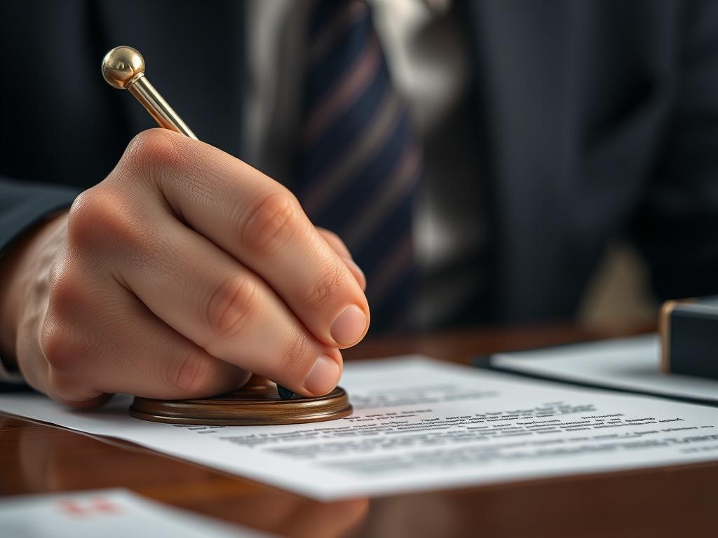 A close-up of a notary public stamping a document, with a focus on the stamp and the document being signed. The background should be soft to keep the emphasis on the notary's actions, reflecting professionalism and trust.