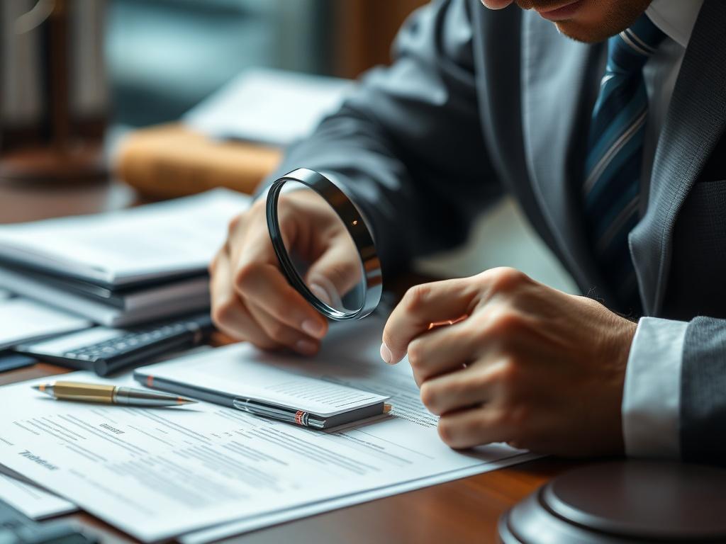 A focused close-up of a legal professional reviewing documents with a magnifying glass, surrounded by evidence files and case notes, emphasizing precision and attention to detail. The background should be softly blurred to highlight the subject and convey a sense of professionalism.
