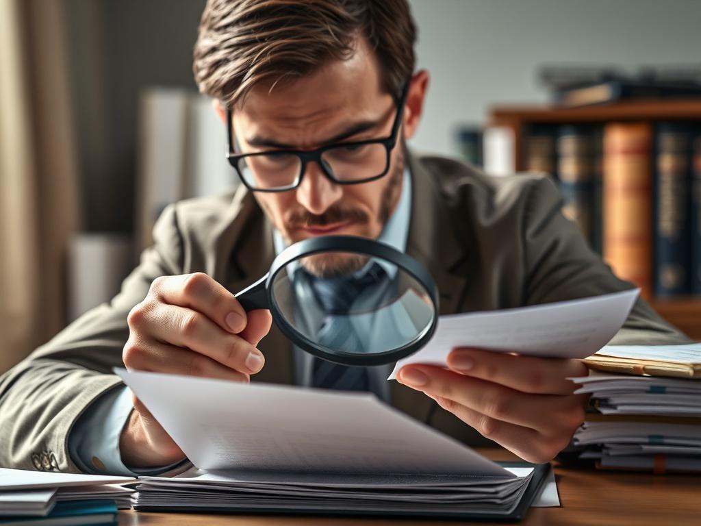 A focused shot of a professional investigator examining documents with a magnifying glass, surrounded by files and legal books. The background is softly blurred, emphasizing the investigator's concentration and the importance of thorough research.