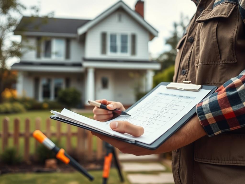 A high-resolution image of an inspector examining a property with tools in hand, standing next to a clipboard with checklists. The background features a well-maintained property, symbolizing thorough evaluation and attention to detail.