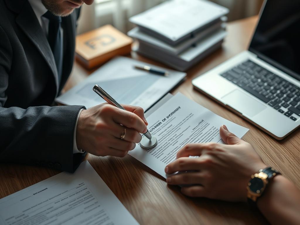 A close-up of a notary public stamping a document with a seal, surrounded by organized paperwork and a laptop. The image captures the precision and professionalism involved in document services, with soft lighting highlighting the notary's focused expression.