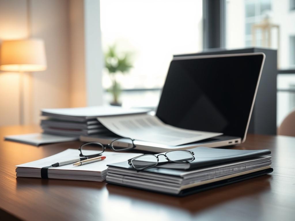 Create a realistic high-resolution photo focused on a single, well-organized workstation that embodies the essence of litigation support in legal cases. The workstation should feature a sleek, modern desk with an open laptop displaying a document related to a legal case, emphasizing professionalism and dedication. Surrounding the laptop, arrange neatly organized legal files and folders that hint at the complexity and detail involved in litigation support. Include a pair of reading glasses resting on top of 