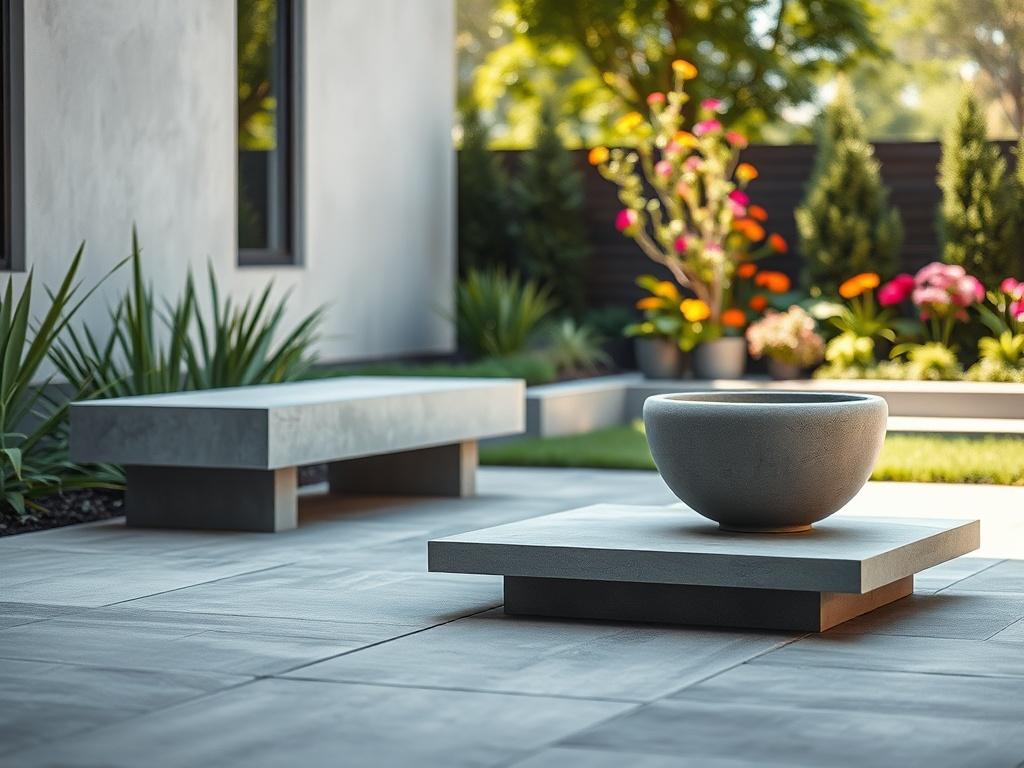 Generate a realistic high-resolution photo featuring a modern outdoor space transformed with stylish concrete solutions. The composition should focus on a beautifully designed concrete patio, featuring elegant concrete slabs arranged in a geometric pattern. Showcase a single eye-catching element, such as a contemporary concrete bench or a decorative planter, prominently positioned in the foreground. 

In the background, depict lush greenery and colorful flowering plants that enhance the outdoor ambiance, wi
