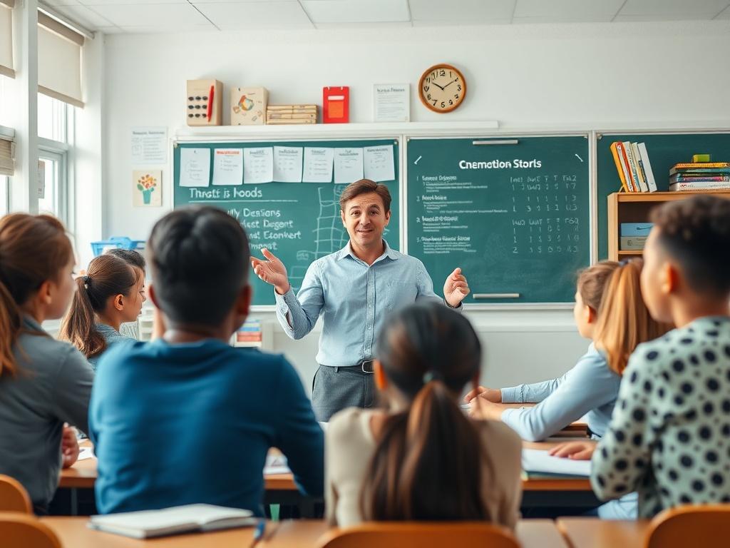 A high resolution image of a teacher leading a classroom
