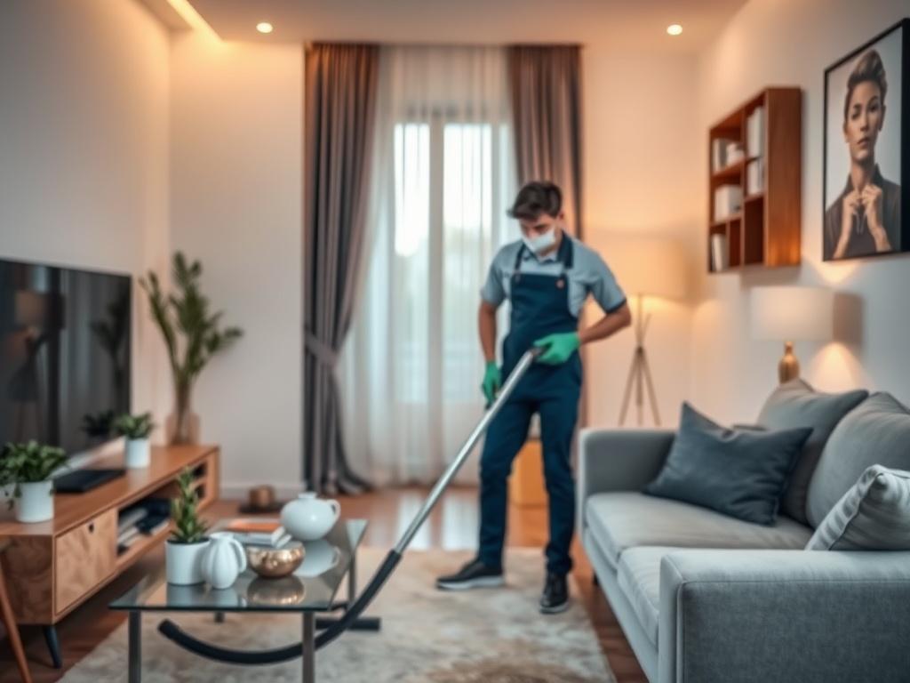 A professional cleaner in uniform meticulously cleaning an Airbnb rental,
