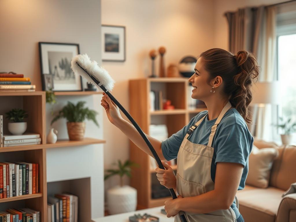 A cheerful cleaner dusting a bookshelf in a cozy living