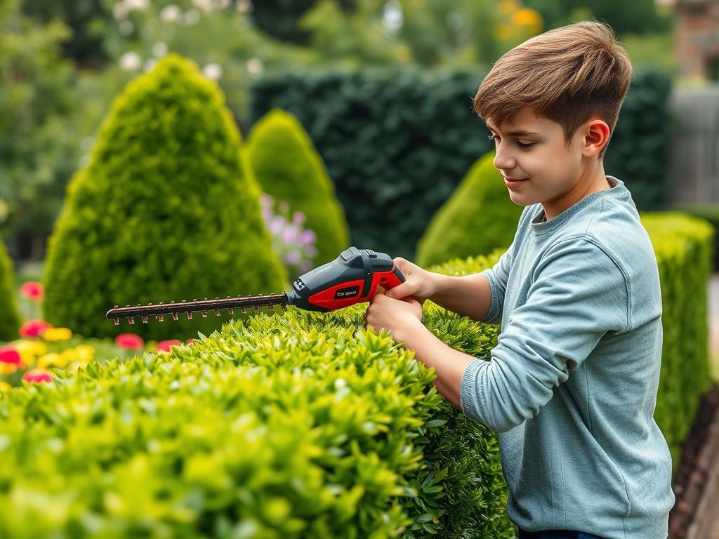 A realistic high-resolution photo of a young person trimming a hedge with electric hedge trimmers. The scene features a lush garden in the background, showcasing neatly trimmed hedges and colorful flowers, capturing the energy of outdoor gardening.