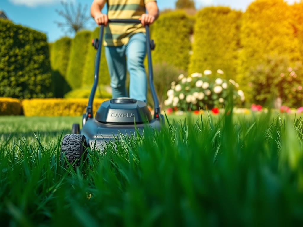 A close-up shot of a young person mowing a lush green lawn, surrounded by well-maintained hedges and flowers, with a clear blue sky in the background. The focus is on the person using a modern mower, showcasing the vibrant green of the grass. The colors are rich and inviting, radiating a sense of care and effort put into outdoor work. Shot with a 45mm f/1.2 lens style to create a beautiful depth of field, emphasizing the subject and the vibrant garden.