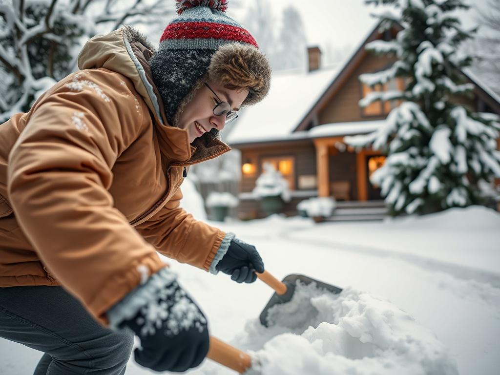 A close-up shot of a young person shoveling snow from a driveway, wearing winter gear and showing determination. The background features a cozy house and snow-covered trees, creating a picturesque winter scene. The focus is on the efforts being made to clear the snow, with a vibrant contrast of the white snow and the colorful clothing. The image should convey a sense of care and diligence in maintaining safety during winter. Shot with a 45mm f/1.2 lens for an engaging depth of field.