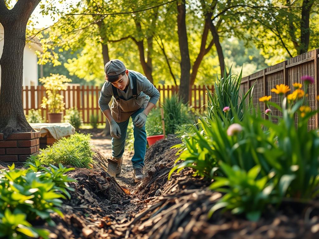 A close-up shot of a young team member actively cleaning up a garden area, with tools in hand and piles of garden waste around. The scene is vibrant, showcasing green plants and flowers that have been well cared for. The sunlight filters through the trees, creating a warm and inviting atmosphere. The composition should focus on the person and the active work being done in the garden, highlighting the transformation of the space. Shot with a 45mm f/1.2 lens style for a sharp foreground and soft background.