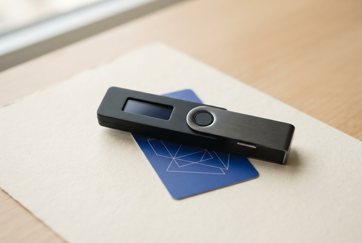 A generic hardware wallet device shown in full on a warm editorial background