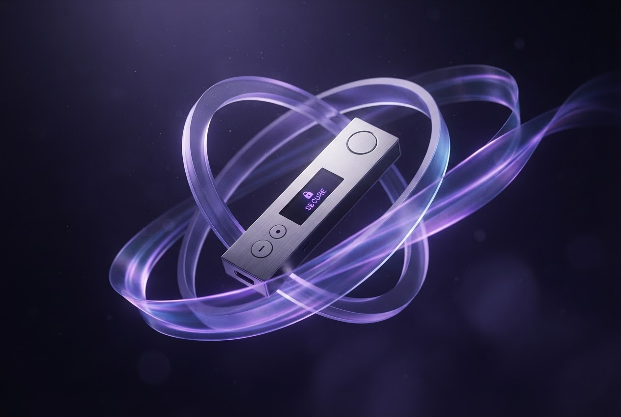 Sleek hardware wallet surrounded by violet light