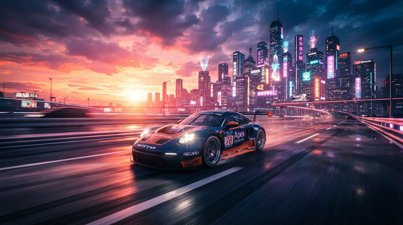 Gaming car on highway with neon city