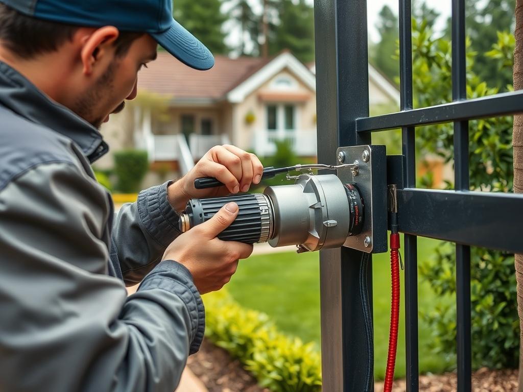 A close-up of a technician installing a new motor into an automatic gate system, showcasing the intricate components and tools involved in the process. The background features a well-maintained garden and a residential property, emphasizing professionalism and quality service.