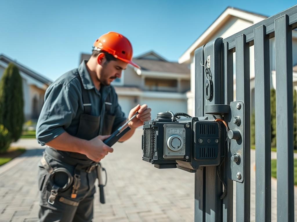 A professional electrician repairing an automatic gate in a residential driveway, tools in hand, focused on fixing the motor. The scene captures urgency and expertise, with a suburban background and a clear blue sky. The gate should look modern and automated, showcasing the intricate details of the machinery.