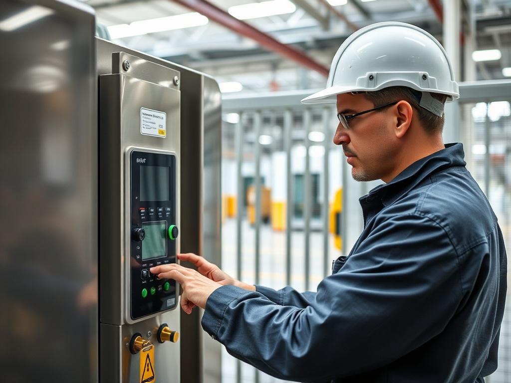 An engineer performing maintenance on an automatic gate, checking the control panel and safety features. The image should reflect a clean and organized workspace, highlighting tools and equipment used for maintenance. The environment should feel safe and professional, emphasizing the importance of regular upkeep.