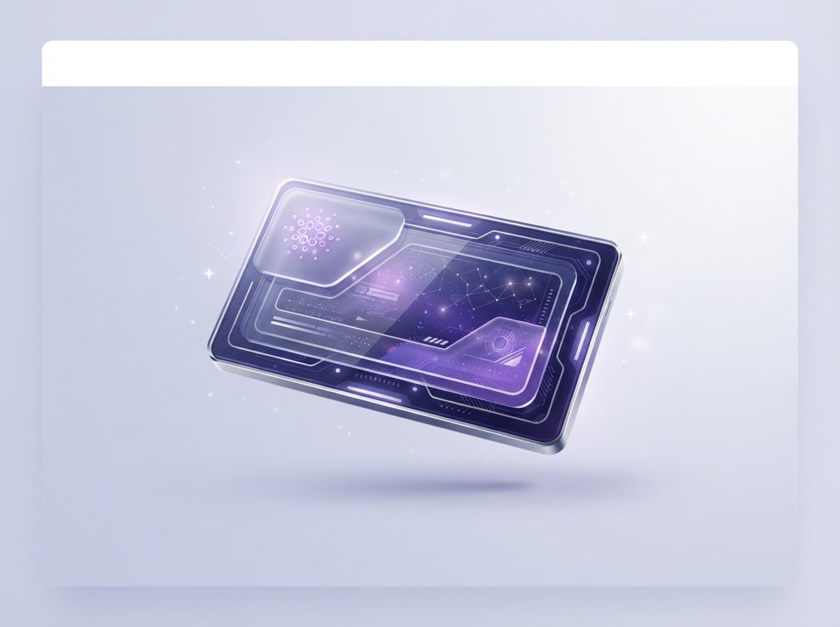 A softly glowing violet digital wallet floating in a calm, luminous space
