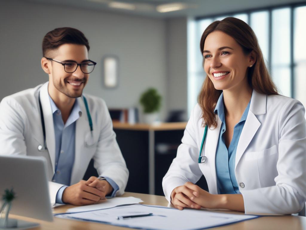 A close-up shot of a confident healthcare recruiter engaging with a hiring manager in a modern office setting. The recruiter is displaying professionalism and expertise, with a warm smile and a welcoming posture. The background is a clean, well-lit office space with subtle elements of healthcare, such as medical charts or a stethoscope, enhancing the context. The image should be high-resolution, captured with a 45mm f/1.2 lens style, and the color palette should complement the primary color rgb(186, 150, 64