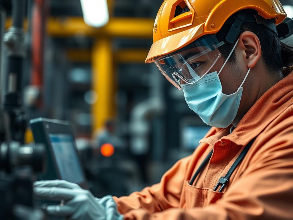 A close-up shot of a manufacturing technician operating machinery, wearing protective gear in a well-lit factory setting. The background should display machinery in action, conveying a sense of productivity and precision. Taken with a 45mm f/1.2 lens, the focus should be sharp on the technician, capturing their concentration and expertise.