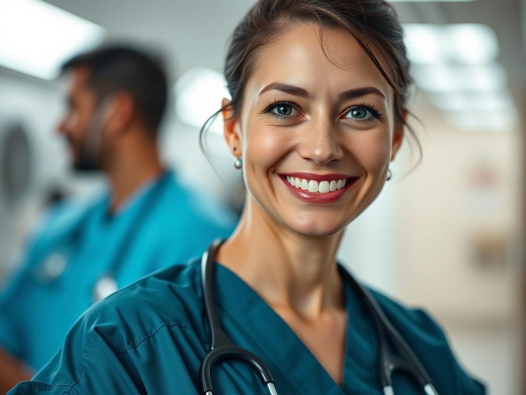 A close-up shot of a healthcare professional in scrubs, smiling confidently, with a blurred hospital background. The image should reflect warmth and professionalism, highlighting the individual’s dedication to patient care. Shot with a 45mm f/1.2 lens, capturing sharp details in the subject while creating a soft bokeh effect in the background.