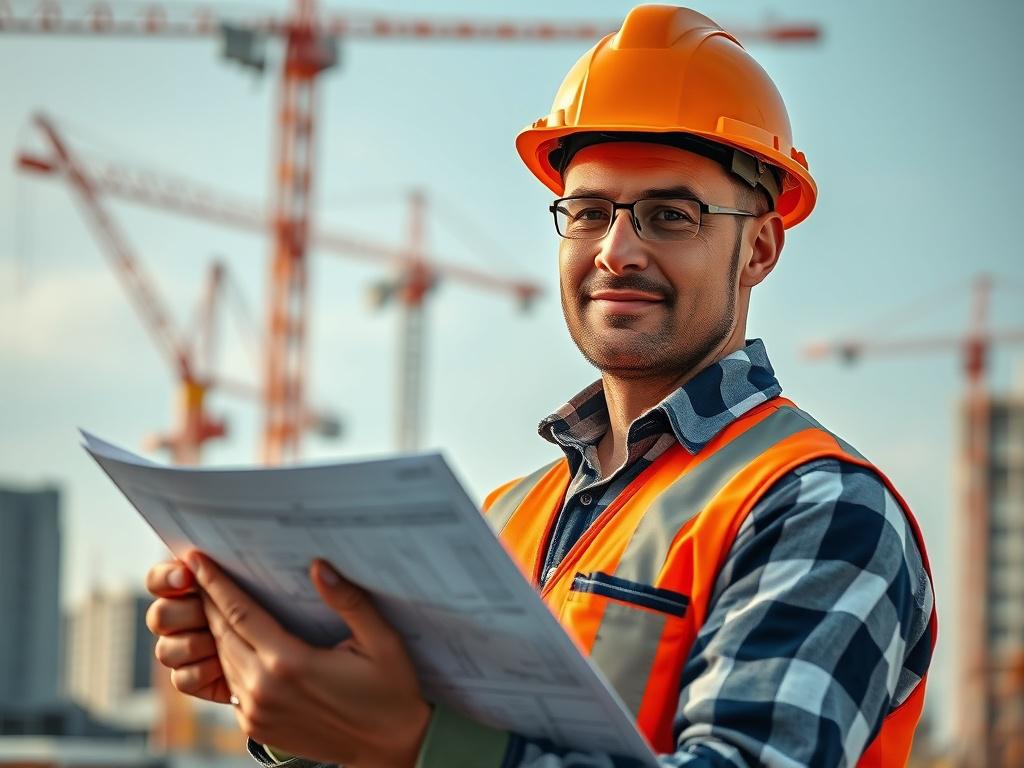 A close-up shot of a construction worker wearing a hard hat and safety gear, confidently holding blueprints on a construction site. The background should be slightly blurred, showcasing cranes and building structures, emphasizing the dynamic nature of the construction environment. Captured with a 45mm f/1.2 lens to highlight the worker’s expression and the intricate details of the blueprints.