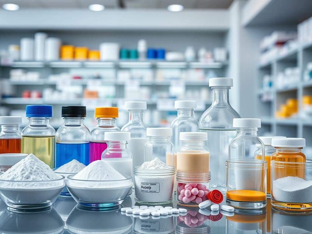 A high-resolution image of an array of pharmaceutical-grade ingredients, including powders and liquids, neatly arranged in clear glass containers, with a soft-focus pharmacy background showcasing a clean and professional environment.