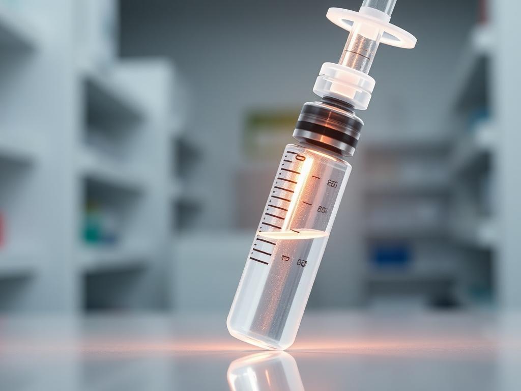 A close-up shot of a sterile syringe filled with a clear, custom-compounded injectable formulation, set against a clean, professional pharmacy background. The light reflects off the syringe, emphasizing the clarity and purity of the solution.