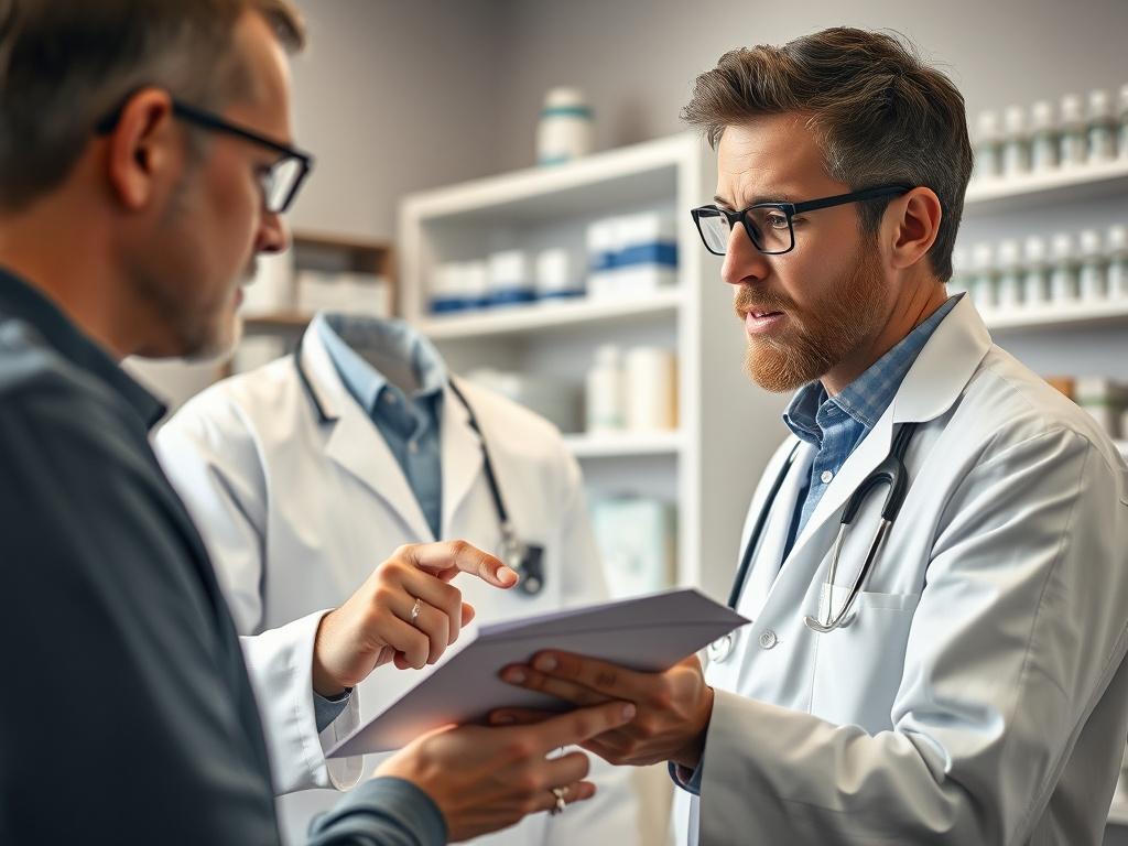 A realistic high-resolution close-up shot of a pharmacist discussing options with a patient in a clinical setting. The pharmacist is pointing to a document, and various injectable vials are visible in the background. Soft, natural lighting creates a welcoming atmosphere, emphasizing the personalized nature of the consultation.