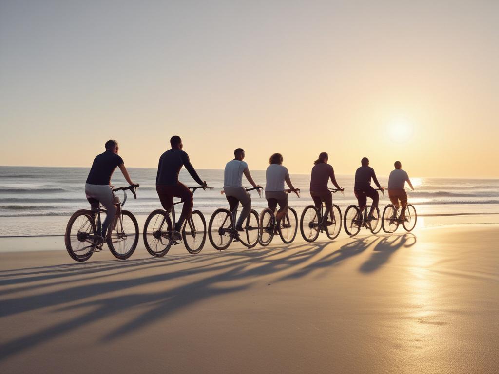 outdoor spin class, sunrise, beach, energy, community, cycling, ocean air, fitness, rhythm