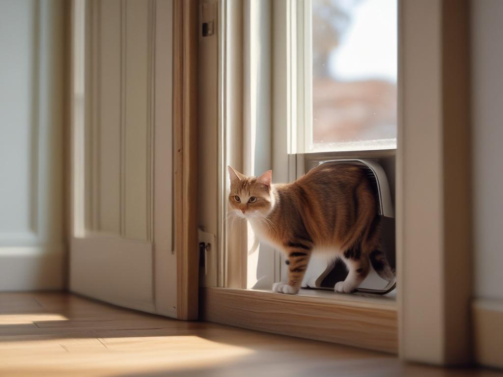 A skilled technician installing a cat flap in a wooden