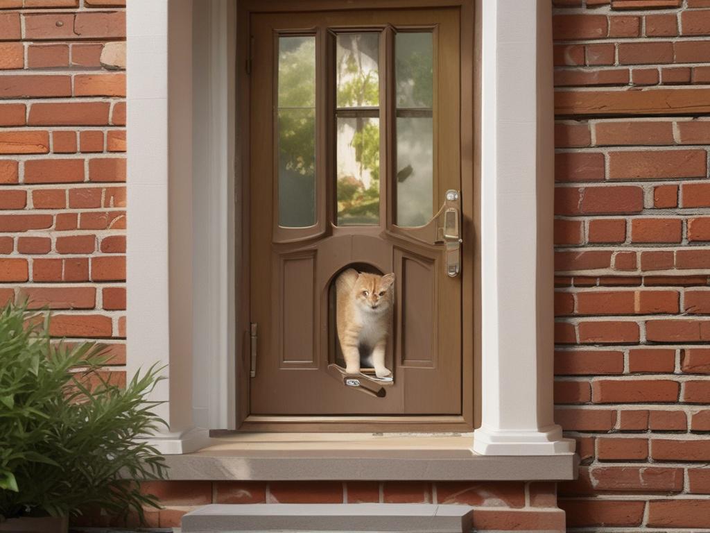 A standard cat flap installed in a wooden door, natural