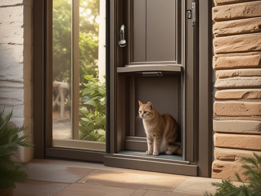 A microchip cat flap installed in a glass door, sunlight
