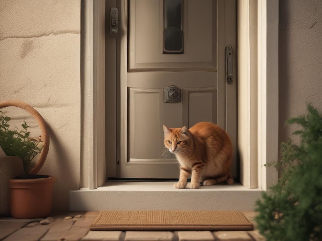 A technician repairing a cat flap in a door, tools