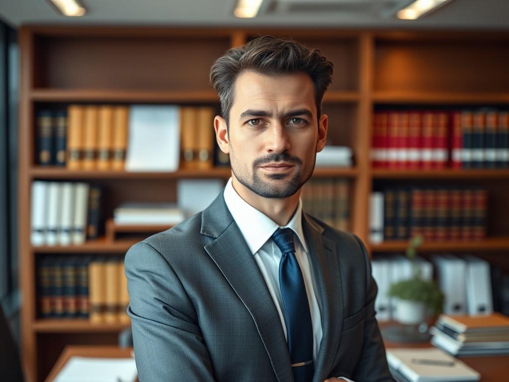 A close-up shot of a confident attorney in a suit, standing in a modern law office with legal books and documents in the background. The attorney is looking directly at the camera with an assertive expression, conveying professionalism and expertise in criminal law. The composition should be simple and clear, featuring only the attorney and the office environment, shot with a 45mm f/1.2 lens style, emphasizing the warm tones that complement the #FF6E4E primary color.